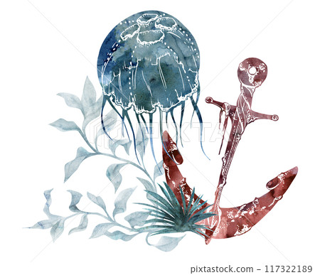 Watercolor and ink hand drawn marine life, sea ocean underwater creatures. fish, shells algae seaweed. Composition illustration, stylized, isolated on white. For zoo shop, aquarium, cosmetics, resort Watercolor and ink hand drawn marine life, sea ocean underwater creatures. fish, shells algae seaweed. Composition illustration, stylized, isolated on white. For zoo shop, aquarium, cosmetics, resort 117322189