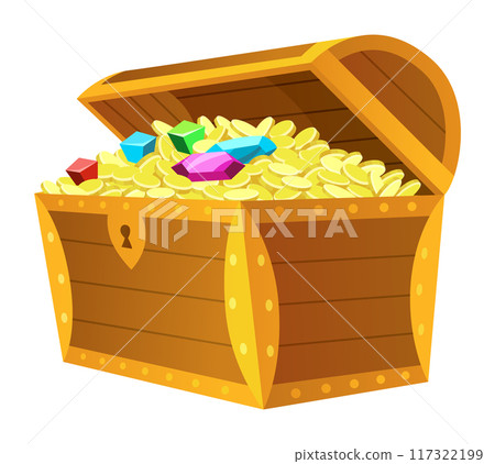Treasure gold coins. Chest full of shiny royal gold and gemstones. Gold treasure, shiny savings, golden coins isolated on white background. Vector cartoon icon 117322199