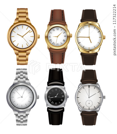 Mechanical watch set in classic design. Realistic wristwatch, luxury fashion objects for men on white background. Elegant business chronograph with metal or leather bracelet 117322214