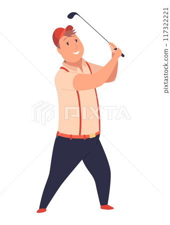 Golf player, male golfer on golf course. Thinking aiming to do good shot. Leisure sport, game on lawn on summer holiday. Flat vector illustration isolated on white background Golf player, male golfer on golf course. Thinking aiming to do good shot. Leisure sport, game on lawn on summer holiday. Flat vector illustration isolated on white background 117322221