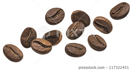 Coffee beans in the air close up, isolated on white background, full depth of field 117322451