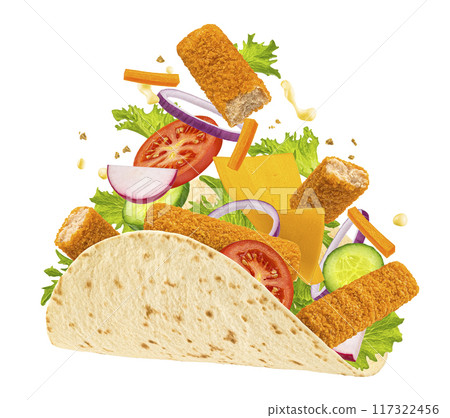 Doner kebab with fish fingers, falling shawarma ingredients isolated on white background, full depth of field 117322456