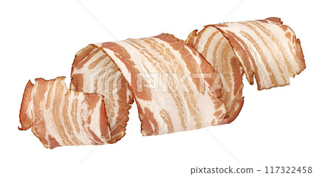 Bacon strip roll, pork brisket slice isolated on white background with clipping path Bacon strip roll, pork brisket slice isolated on white background with clipping path 117322458