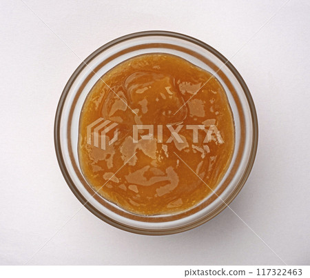 Fruit jam in glass bowl isolated on white background, top view 117322463