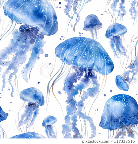 Pattern with watercolor blue jellyfish on a white background. 117322510
