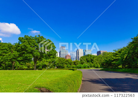 The buildings of the big city of Marunouchi, Otemachi, and Hibiya seen through the trees of the East Gardens of the Imperial Palace and the park on the site of Edo Castle (Chiyoda Ward, Tokyo) The buildings of the big city of Marunouchi, Otemachi, and Hibiya seen through the trees of the East Gardens of the Imperial Palace and the park on the site of Edo Castle (Chiyoda Ward, Tokyo) 117322563