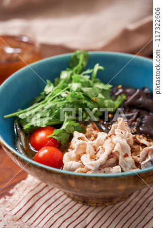 Malatang made with glass noodles topped with pork and wood ear mushrooms Malatang made with glass noodles topped with pork and wood ear mushrooms 117322606