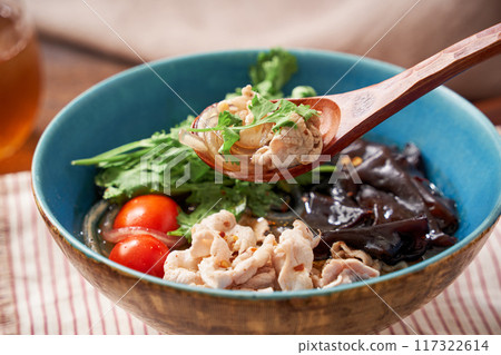 Malatang made with glass noodles topped with pork and wood ear mushrooms Malatang made with glass noodles topped with pork and wood ear mushrooms 117322614