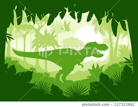 T Rex dinosaur silhouette in jungle tropical forest of Jurassic park, cartoon vector background. Tyrannosaurus or T-rex prehistoric dino lizard roaring in jungles forest with pterodactyl silhouette 117322662