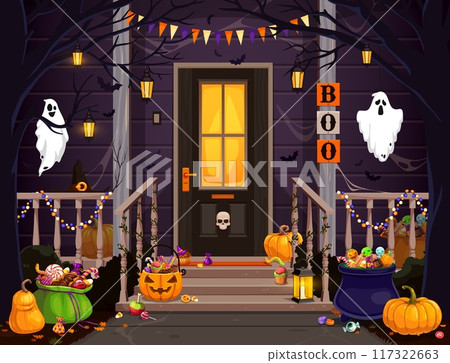 Halloween door porch with sweets in buckets, scary ghosts and pumpkins, cartoon vector. Halloween holiday and trick or treat party boo ghosts with skull on house door and monster candies with spiders 117322663