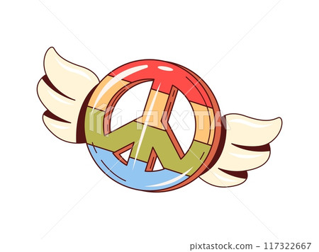 Retro y2k groovy hippie peace sign. Vector vintage rainbow color world peace symbol with angel wings. Funky psychedelic groovy symbol of balance, harmony and unity for trendy hippy sticker, tattoo Retro y2k groovy hippie peace sign. Vector vintage rainbow color world peace symbol with angel wings. Funky psychedelic groovy symbol of balance, harmony and unity for trendy hippy sticker, tattoo 117322667