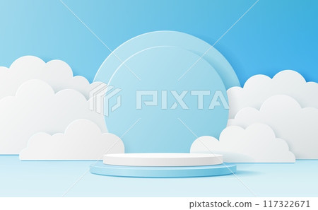 Blue podium with paper cut clouds on sky background. Vector 3d product display podium, stage or scene with round pastel blue base and origami white clouds. Geometric shape presentation stand, platform Blue podium with paper cut clouds on sky background. Vector 3d product display podium, stage or scene with round pastel blue base and origami white clouds. Geometric shape presentation stand, platform 117322671