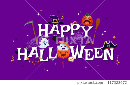 Funny cute kawaii ghosts on happy Halloween banner. Autumn creepy holiday, Happy Halloween horror festive party vector banner or print with pumpkin, pirate and witch hat, ghost kawaii characters Funny cute kawaii ghosts on happy Halloween banner. Autumn creepy holiday, Happy Halloween horror festive party vector banner or print with pumpkin, pirate and witch hat, ghost kawaii characters 117322672