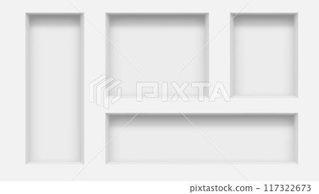 3d wall niches. Vector empty box shelves, display stand or showcase realistic mockup. Showroom, gallery, studio or shop product presentation 3d rectangular niches or shelves in white wall 117322673