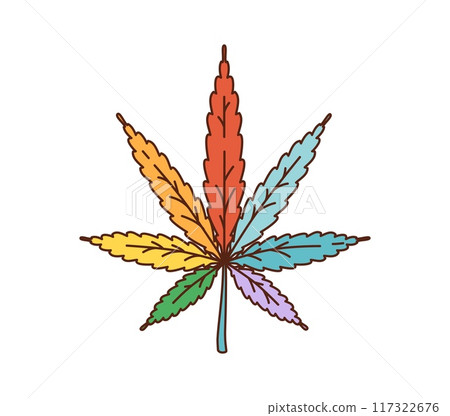 Cartoon cannabis with rainbow leaves in 70s or 80s hippie retro art, vector symbol. Hippie rainbow marijuana cannabis for love and peace, good vibes and positive emotion in 70s, 80s retro cartoon 117322676
