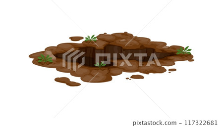 Dirty pit burrow or deep ground hole and underground dig in earth soil, cartoon vector. Hole in soil or pit hollow and underground burrow with dirt stones and grass, groundhog or mole burrow pit 117322681