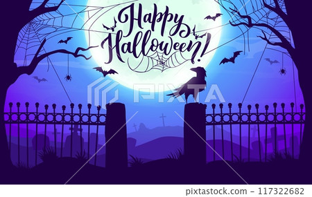 Halloween cemetery silhouette landscape with cobweb, bats and gravestones. Happy Halloween celebration vector background with flying at night bats, raven on cemetery fence, full moon and dry trees Halloween cemetery silhouette landscape with cobweb, bats and gravestones. Happy Halloween celebration vector background with flying at night bats, raven on cemetery fence, full moon and dry trees 117322682