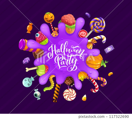 Halloween banner with purple slime blob and holiday sweets and candies. Happy Halloween event, fall season horror celebration or party vector print with lollypop candy, jelly worm, apple and cake Halloween banner with purple slime blob and holiday sweets and candies. Happy Halloween event, fall season horror celebration or party vector print with lollypop candy, jelly worm, apple and cake 117322690