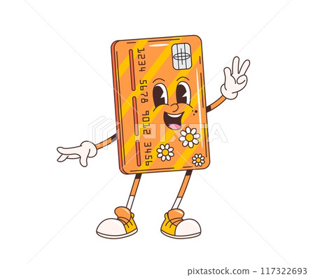 Cartoon retro groovy bank credit card character. Isolated vector hippie style anthropomorphic plastic card personage with wide eyes, cheerful friendly smile chip and number, showing piece gesture Cartoon retro groovy bank credit card character. Isolated vector hippie style anthropomorphic plastic card personage with wide eyes, cheerful friendly smile chip and number, showing piece gesture 117322693