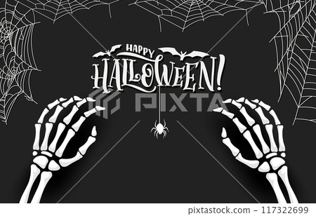 Halloween banner with skeleton hands and spider cobweb. Vector background with bony arms reach out, bats and spider hang down eerie webs creating spine-tingling scene that sends shivers down the spine Halloween banner with skeleton hands and spider cobweb. Vector background with bony arms reach out, bats and spider hang down eerie webs creating spine-tingling scene that sends shivers down the spine 117322699