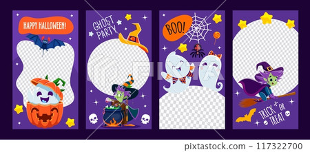 Halloween social media post templates with frames and funny ghosts, vector borders. Halloween holiday social media storytelling post frames with cute witch on broom with potion cauldron and pumpkins Halloween social media post templates with frames and funny ghosts, vector borders. Halloween holiday social media storytelling post frames with cute witch on broom with potion cauldron and pumpkins 117322700