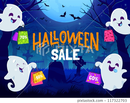 Halloween sale banner of cute kawaii ghost characters with shopping bags at cemetery. Halloween holiday seasonal sale special offer vector flyer or voucher with cartoon funny ghosts, moon and bats 117322703