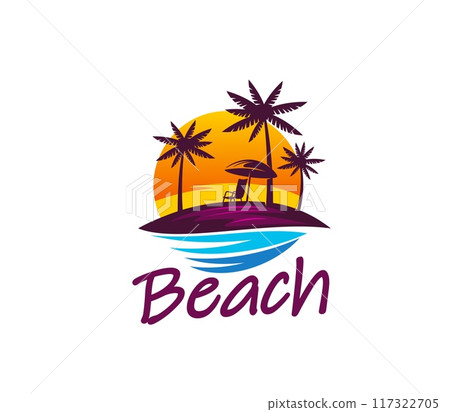 Beach icon, summer tropical island with palms and sunrise on sea, vector symbol. Beach with sunbed and umbrella at ocean shore with palm trees silhouettes in sun for paradise island or resort hotel 117322705