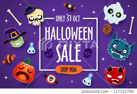 Halloween sale banner with cartoon emoji characters and trick or treat candies. Vector Halloween horror holiday pumpkin, witch, ghost, skull, vampire and werewolf characters special offer sale flyer Halloween sale banner with cartoon emoji characters and trick or treat candies. Vector Halloween horror holiday pumpkin, witch, ghost, skull, vampire and werewolf characters special offer sale flyer 117322706