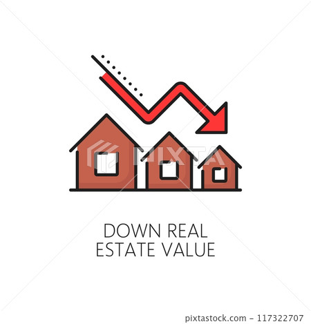 Down real estate value color line icon, housing market and economic crisis. House price decline graph vector outline symbol with down arrow and buildings. Economy, finance and business recession 117322707