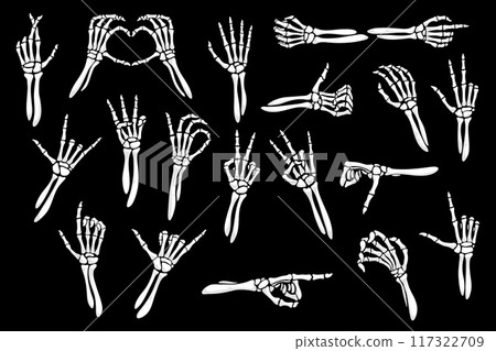 Skeleton hand gesture icons, finger bones with peace sign and love heart, vector Halloween holiday silhouettes. Human skeleton hand gestures of rock, OK or thumb up, pointing finger and victory V sign Skeleton hand gesture icons, finger bones with peace sign and love heart, vector Halloween holiday silhouettes. Human skeleton hand gestures of rock, OK or thumb up, pointing finger and victory V sign 117322709