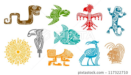 Mayan aztec totems set, tribal symbols of animals such as a snake, bird, turtle, fish, squirrel, lizard, head and sun. Vector stylized mexican emblems with vivid, colors, cultural and historical art Mayan aztec totems set, tribal symbols of animals such as a snake, bird, turtle, fish, squirrel, lizard, head and sun. Vector stylized mexican emblems with vivid, colors, cultural and historical art 117322710