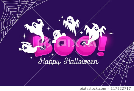 Halloween boo banner with cute kawaii ghost characters, vector horror holiday. Flying white phantom monster personages with scary faces, cobweb and stars. Halloween trick or treat night party card 117322717