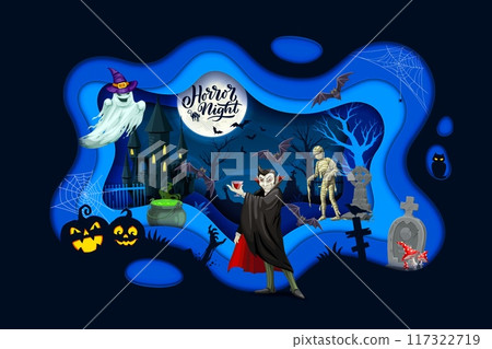 Halloween paper cut banner with dracula vampire character, scary pumpkin and ghost on cemetery landscape. October party, fall season holiday papercut vector background, banner with Halloween monsters 117322719