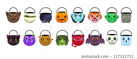 Isolated Halloween holiday sweets buckets characters with funny monster faces. Vector Halloween trick or treat candy bags in shape of pumpkin, ghost, skull, bat and witch, clown, vampire and zombie 117322721