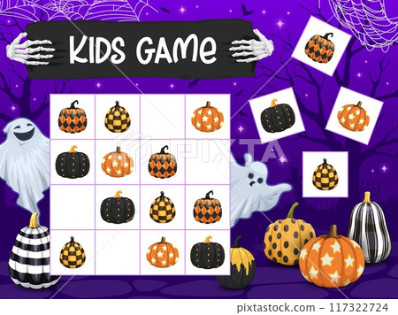 Halloween patterned pumpkins in sudoku kids game vector worksheet. Puzzle blocks with horror holiday black orange pumpkins on Halloween background with cartoon ghosts characters and bats on cemetery Halloween patterned pumpkins in sudoku kids game vector worksheet. Puzzle blocks with horror holiday black orange pumpkins on Halloween background with cartoon ghosts characters and bats on cemetery 117322724