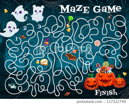 Halloween labyrinth maze quiz game, help to cute kawaii ghost characters find exit. Vector worksheet of Halloween holiday cemetery labyrinth puzzle map with ghosts, trick or treat pumpkins and candies Halloween labyrinth maze quiz game, help to cute kawaii ghost characters find exit. Vector worksheet of Halloween holiday cemetery labyrinth puzzle map with ghosts, trick or treat pumpkins and candies 117322740