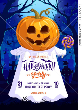 Halloween party flyer with cartoon pumpkin ghost holding lollipop at midnight cemetery landscape with moon, trees, tombs and bat silhouettes. Vector invitation poster for trick or treat horror night Halloween party flyer with cartoon pumpkin ghost holding lollipop at midnight cemetery landscape with moon, trees, tombs and bat silhouettes. Vector invitation poster for trick or treat horror night 117322745