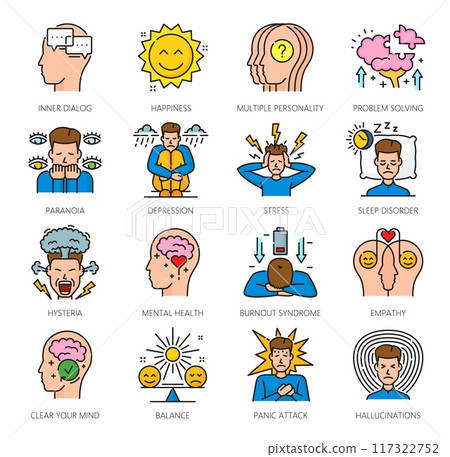 Mental health color icons, psychological disorder problems. Cognitive disorder or mental health, human psychology hysteria, stress and empathy, hallucinations, depression problems outline vector icons 117322752