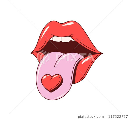 Retro y2k groovy mouth with sticking out tongue and heart vector emoji. Vintage psychedelic hippie emoticon of sexy woman lips with red lipstick and heart. Funny t-shirt print, kiss and love themes 117322757