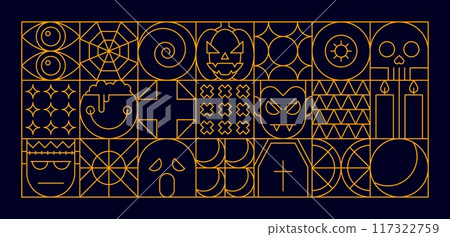 Halloween modern geometric pattern background for holiday horror night, abstract vector. Halloween pattern in geometric line of boo ghost with pumpkin monster, skull and spiderweb with dead coffin 117322759