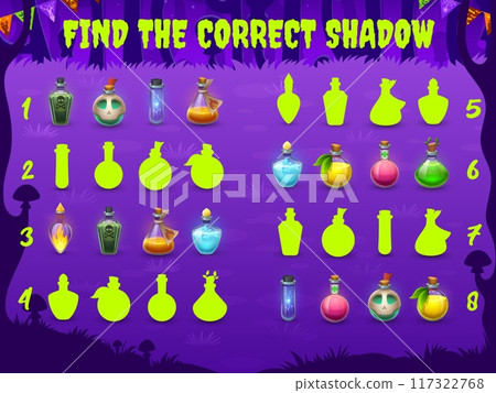 Halloween kids game, find correct shadow of potion bottles or poison, vector puzzle worksheet. Find and match same silhouettes of witch potion or magic spell elixir in bottles in Halloween forest 117322768