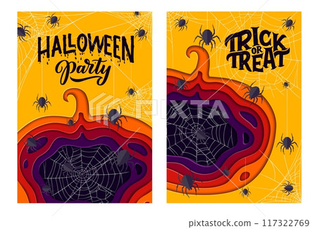 Halloween paper cut banner with pumpkin, cobweb and spiders. Vector holiday background with eerie insects around of jack lantern layered shape. 3d papercut frame with trick or treat typography 117322769