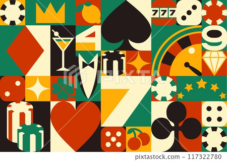 Casino abstract geometric pattern vector background. Casino poker game cards, slot machine and gambling sport online betting, roulette, chips and dice, abstract geometric composition retro pattern 117322780