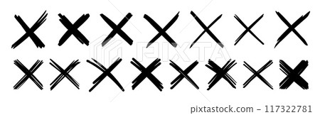 X scribble marks. Vector sketch crosses of black marker, pen, pencil or brush lines, hand drawn doodle strikethrough signs set with rough texture. Isolated monochrome X or cross shape scribble marks 117322781