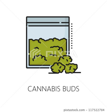Medical cannabis buds packet color line icon. Medical cannabis drug line symbol, medicine weed farm or natural CBD shop outline vector sign or pictogram with marijuana in plastic packet 117322784