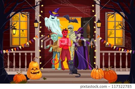 Halloween scary characters on the door porch. Halloween house entrance doorway, witchcraft holiday cottage decorated porch vector wallpaper with devil, zombie, witch and ghost, mummy scary characters 117322785