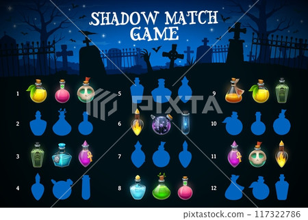 Halloween kids game to find correct shadow of potion bottles, vector puzzle worksheet. Cartoon game to find and match same silhouettes of witch poison or magic spell elixir in bottles on cemetery 117322786