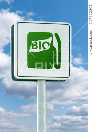 Road sign with symbol of bio fuel fillng station Road sign with symbol of bio fuel fillng station 117322861