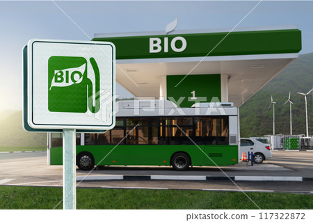 Road sign with symbol of bio fuel fillng station 117322872