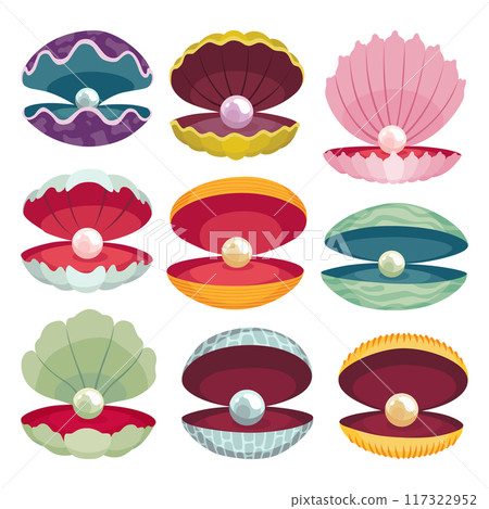 Pearls in seashell. Open seashell scallop and pearl shell icon set in various form and colors. Beautiful pearl in clam shell in cartoon flat style. Vector illustration isolated on white background 117322952